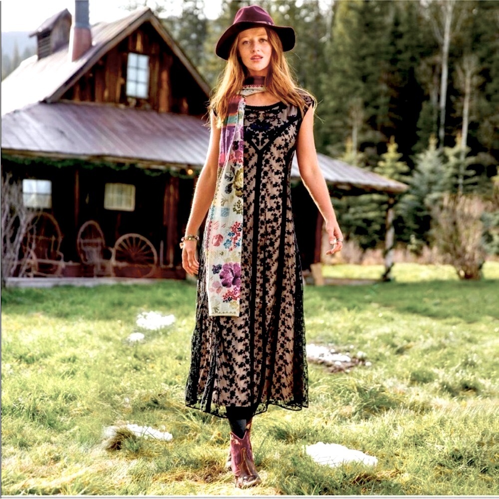 Sundance Black Lace Holiday Maxi Dress Whimsigoth Dark Romantic Western M